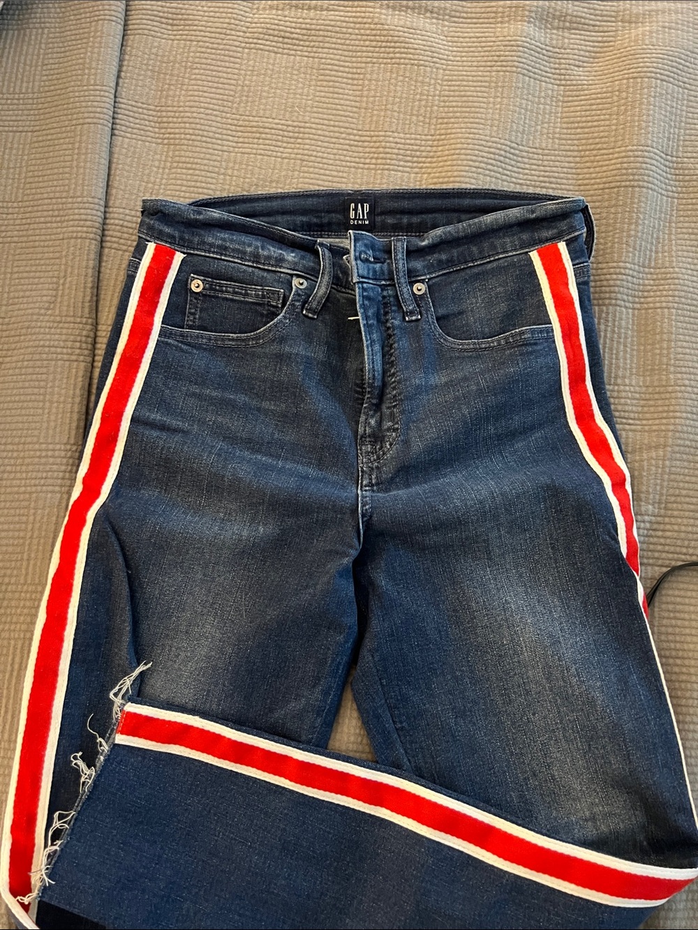 GAP Women's Dark Blue Straight Leg Jeans with Red & White Side Stripes